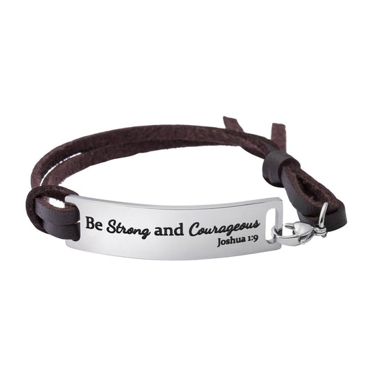 Be Strong and Courageous engraved leather bracelet with Joshua 1:9 verse