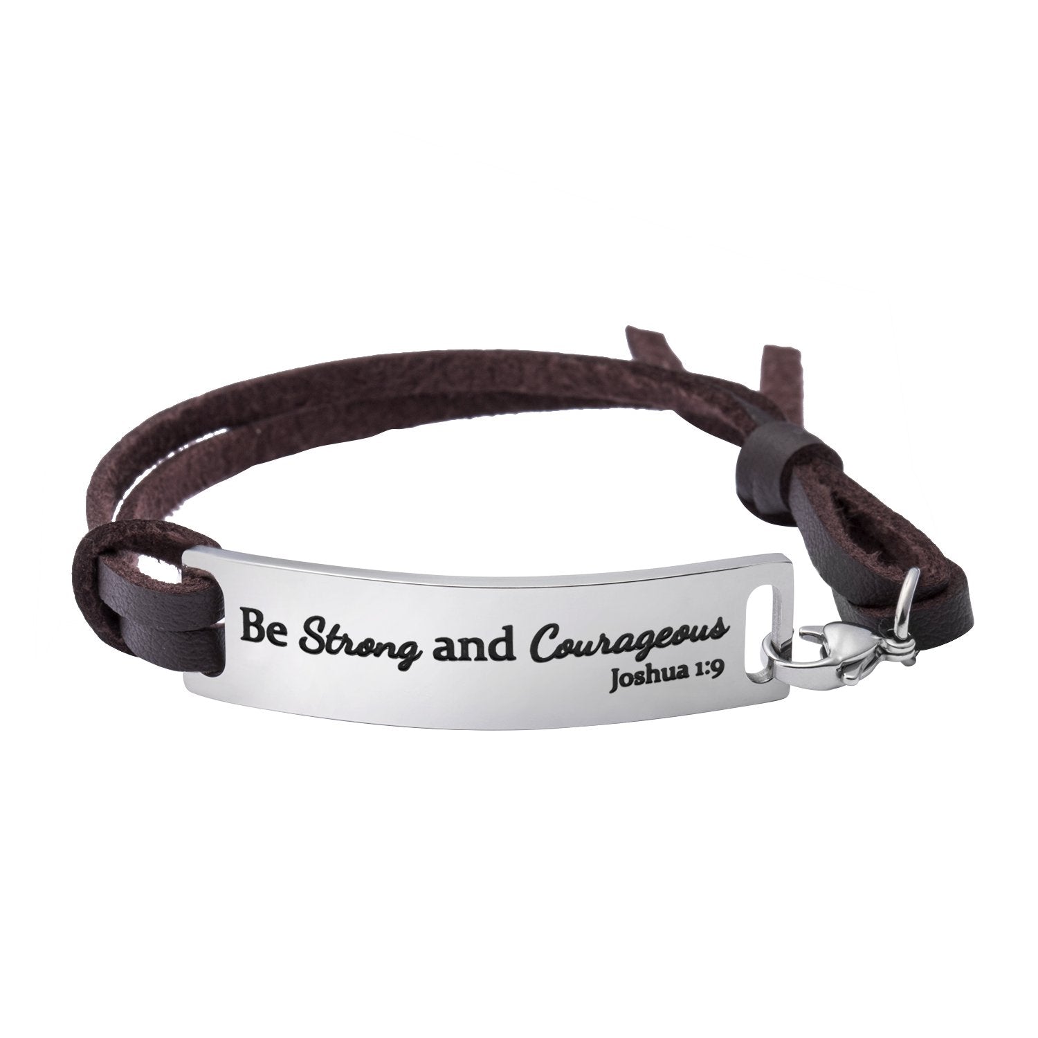 Be Strong and Courageous leather bracelet close-up