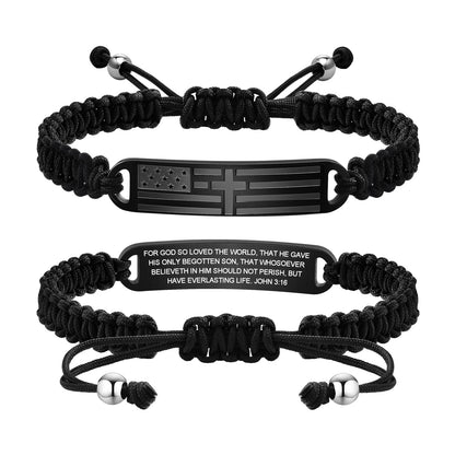Patriotic Cross Bracelet, men's steel and rope with American flag and Bible verse