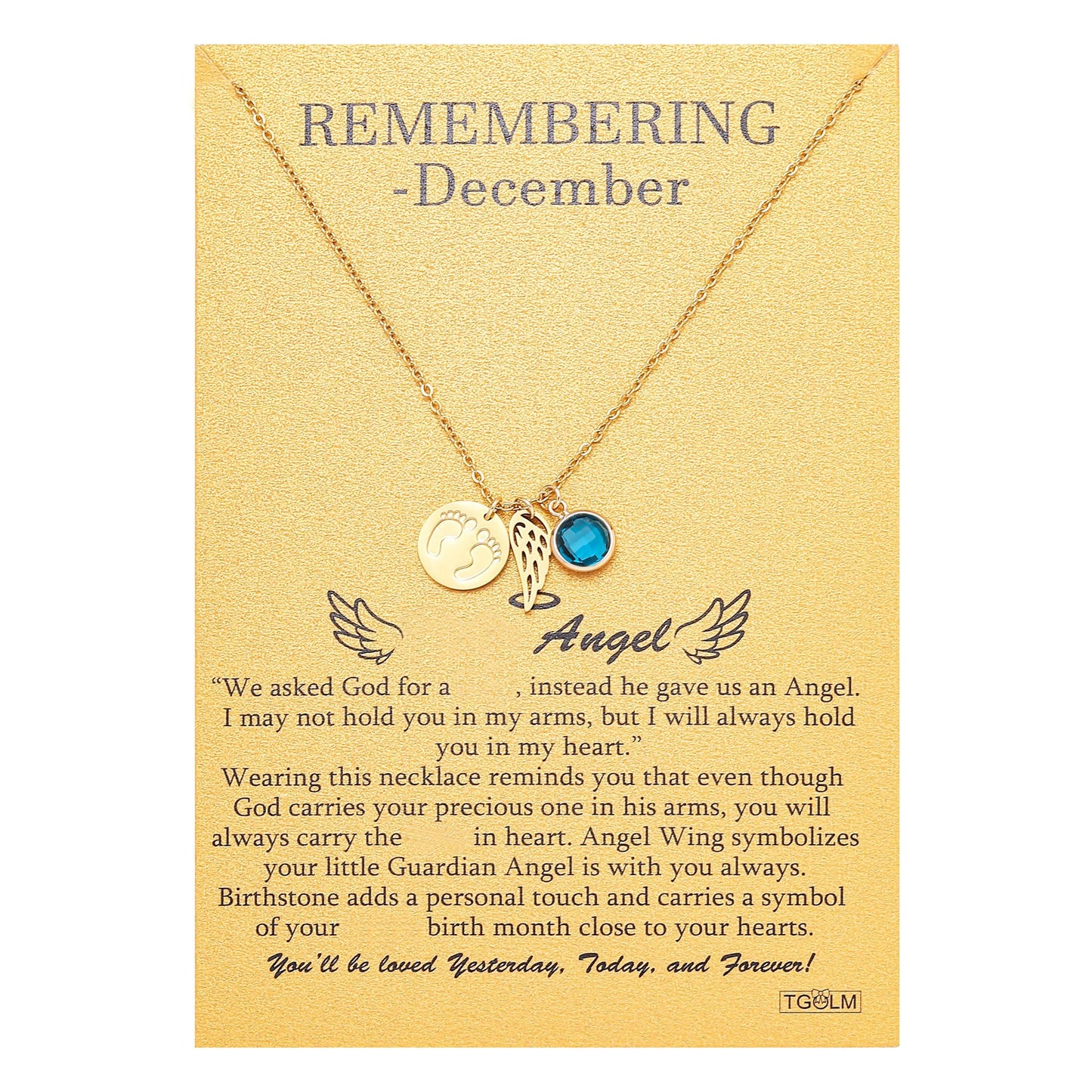 Angel footprint pendant close-up with blue topaz birthstone